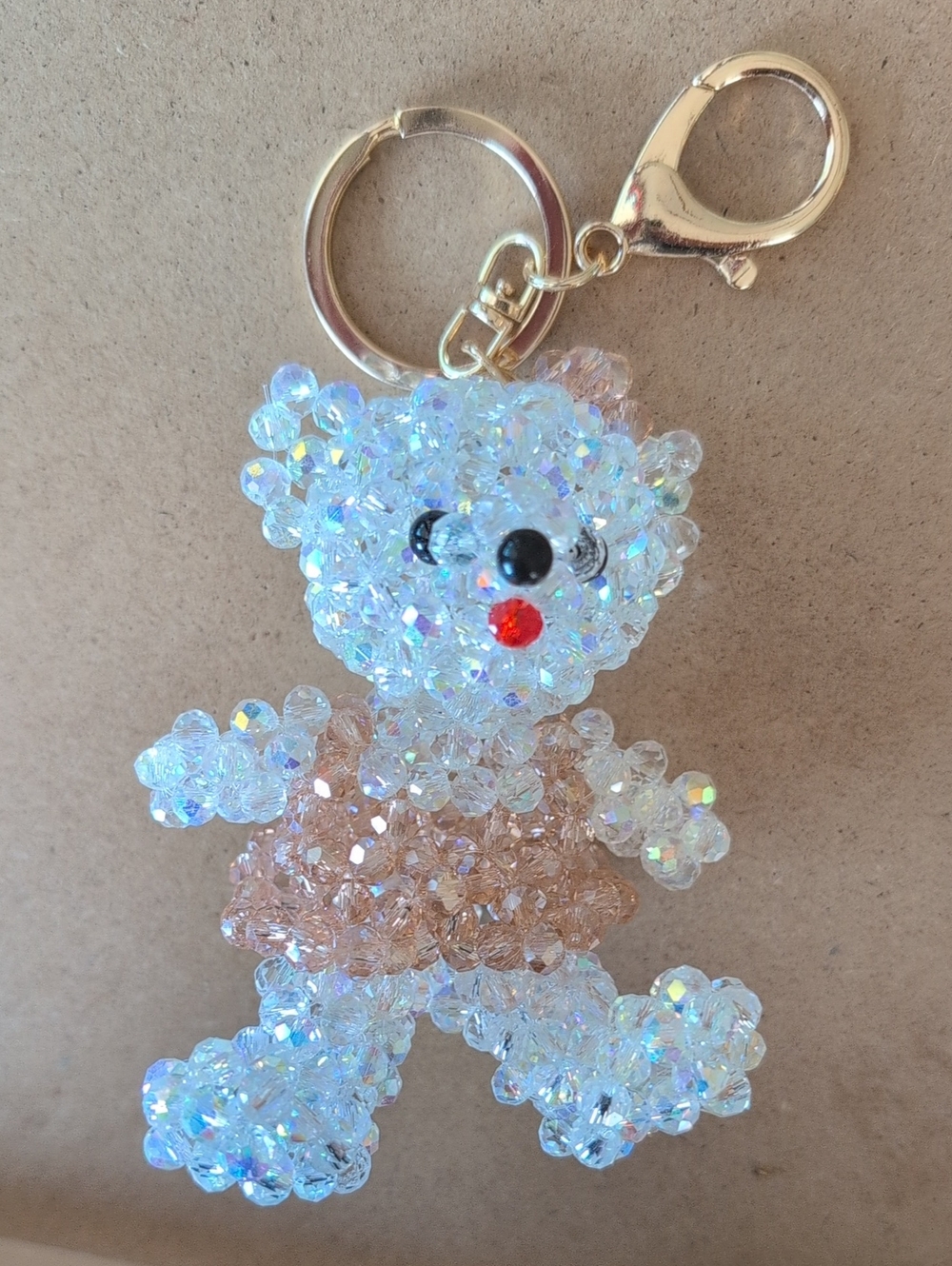 Crystal Beaded Teddy Keychain - Iridescent White & Light Brown